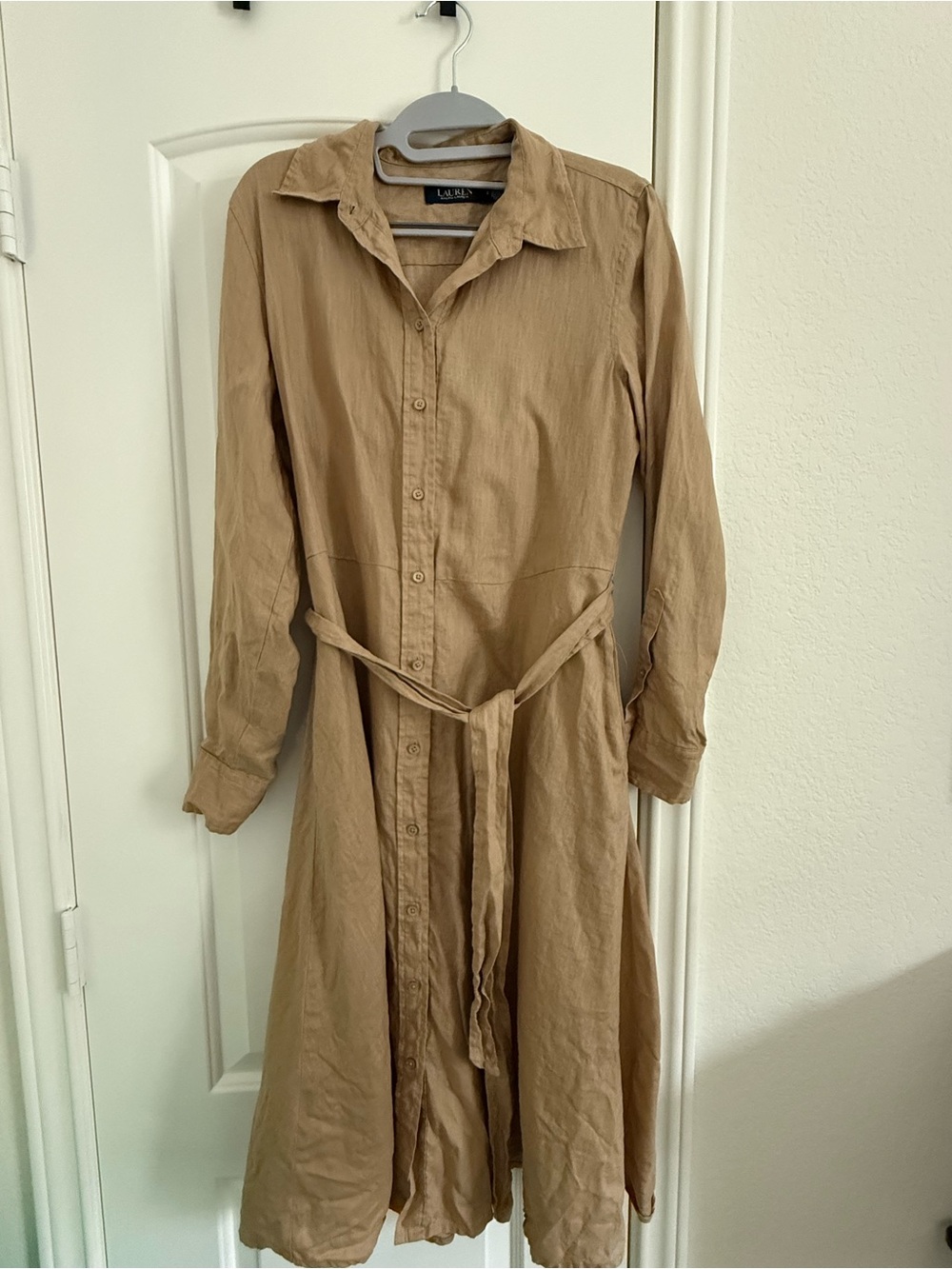 Ralph Lauren Birch Tan Button-Front Long Sleeve Shirt Dress